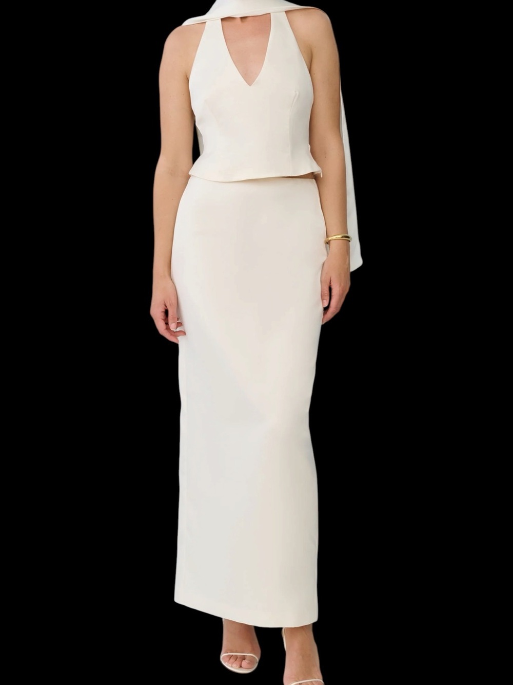 Few Moda Jade Set Cream Halter Neck Maxi Skirt Top Scarf Tie Bridal Wedding